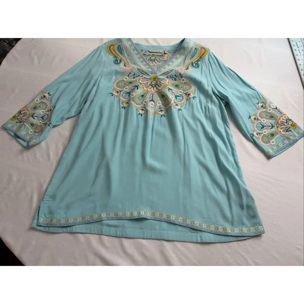 Soft Surroundings Aqua Blue Tunic Top Embroidery 3/4 Sleeve Boho Size PXL XL